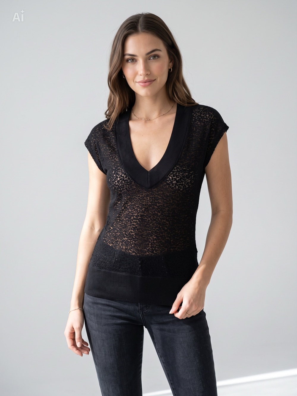 Express Black Sheer Leopard Print V-Neck Cap Sleeve Top